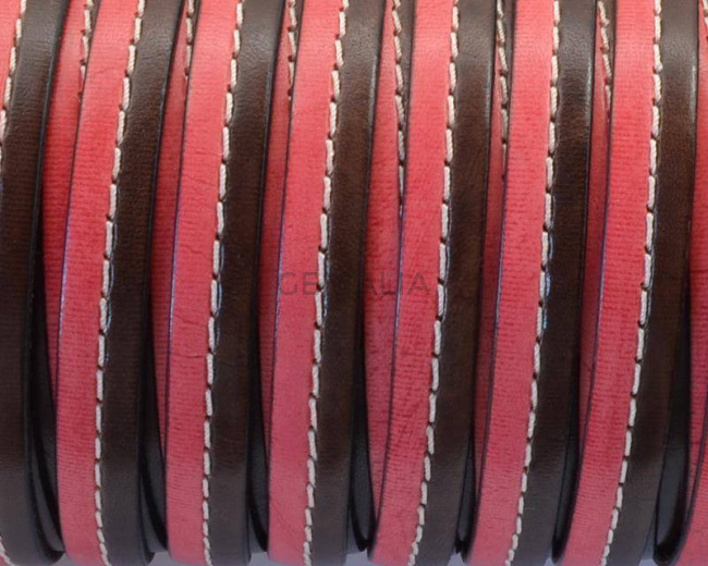Cuero Plano cosido. 10x2mm. Marron oscuro-rojo. Calidad Superior