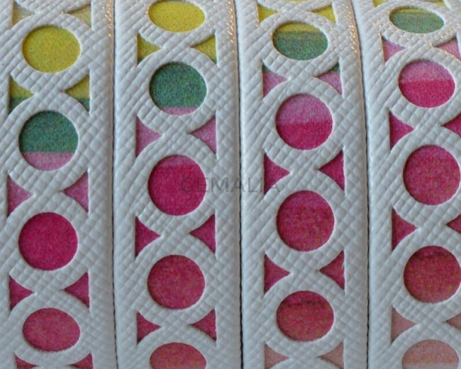 Tira fantasia sintetica. Plano 12x1,5mm. Blanco-multicolor. Calidad Superior