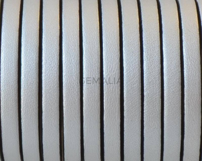Cordon de Cuero Plano 5x1,5mm. Plata metalizado 2 - cantos negros. Calidad Superior. Precio Especial