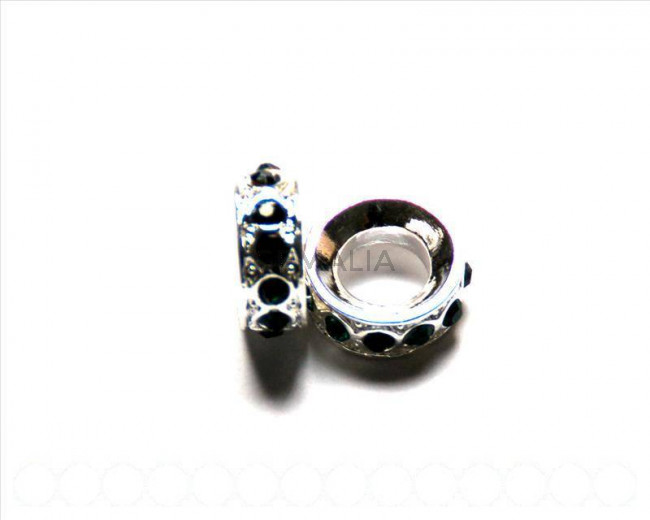 Metalico. Rhinestone rondel 15x15x6mm. Plateado-emerald. Int.8mm