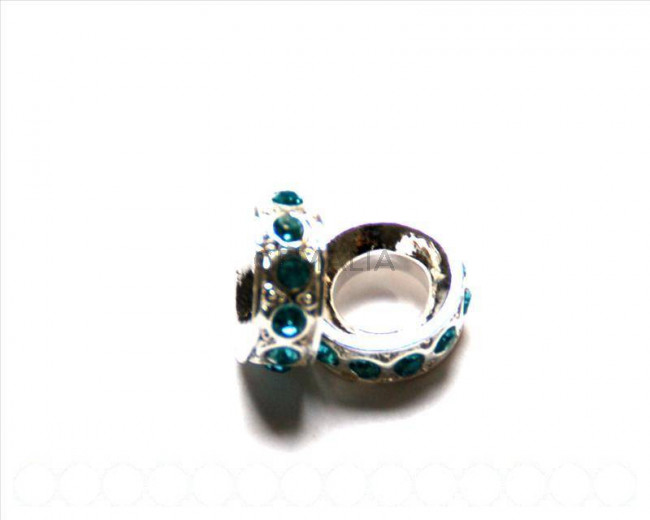 Metalico. Rhinestone rondel 15x15x6mm. Plateado-Aquamarine. Int.8mm
