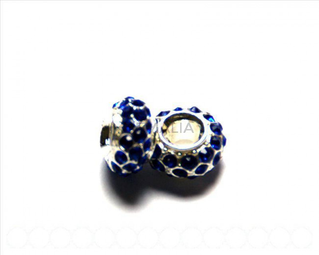 Cuentas metalicas. Rhinestone 14x8mm. Plateado-sapphire. Int.5mm