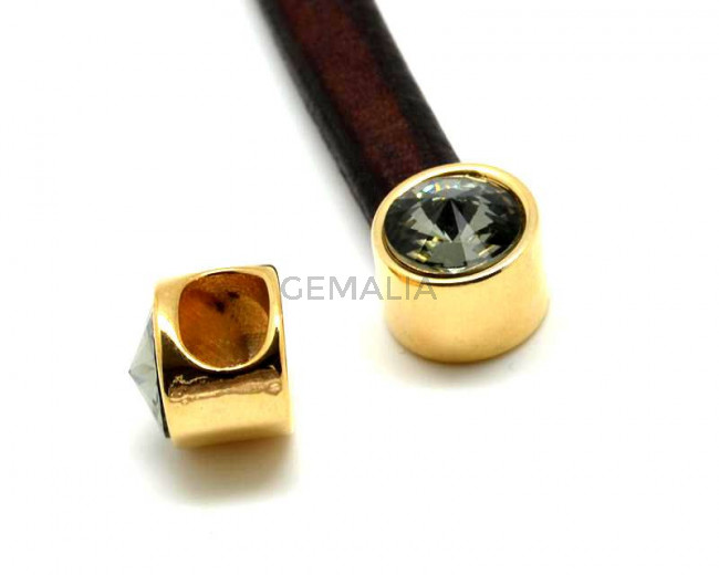 Terminal Zamak/SWAROVSKI regaliz. Moneda. Oro-Black Diamond. Int.10x6mm
