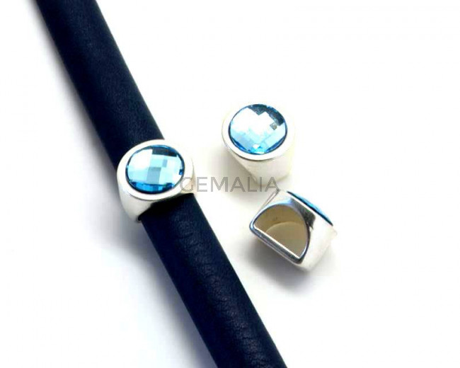 Entrepieza Moneda Zamak/SWAROVSKI. 13mm. Media caña. Plateado-Aquamarine. Int.10x5mm