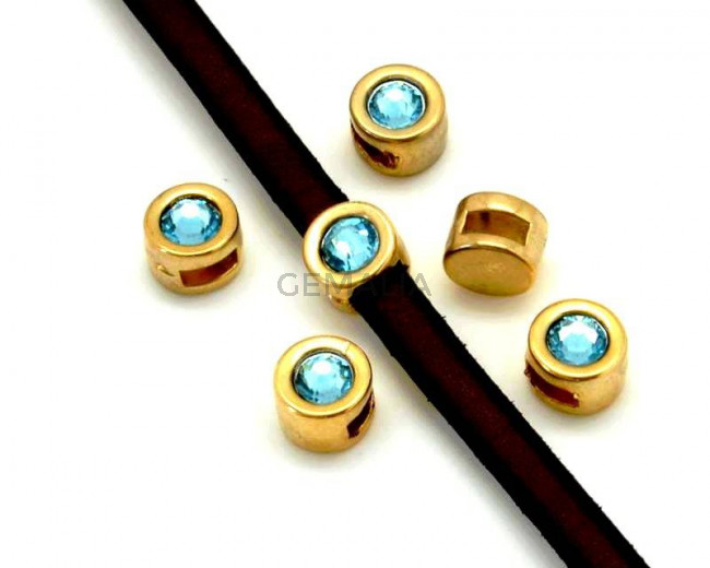 Entrepieza Moneda Zamak/SWAROVSKI. 8mm.Oro-Aquamarine.Int.5x2mm