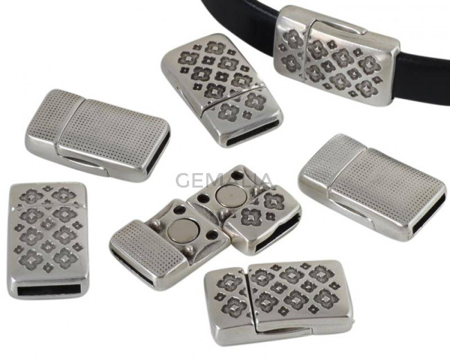 Cierre magnetico de Zamak plano. 23x13mm. Flores. Plateado. Int.10x2mm. Precio Especial