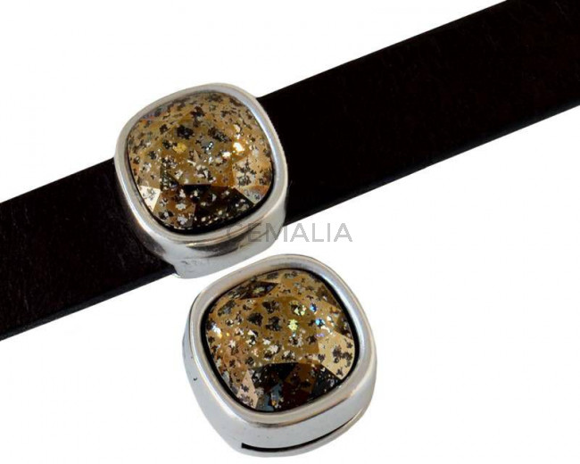 Entrepieza Zamak/SWAROVSKI. Cuadrado 13x13mm. Plateado. Gold Patin. Int.10x2,5mm