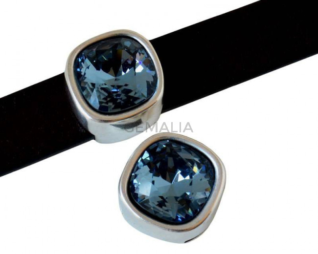 Entrepieza Zamak/SWAROVSKI. Cuadrado 13x13mm. Plateado. Denim Blue. Int.10x2,5mm