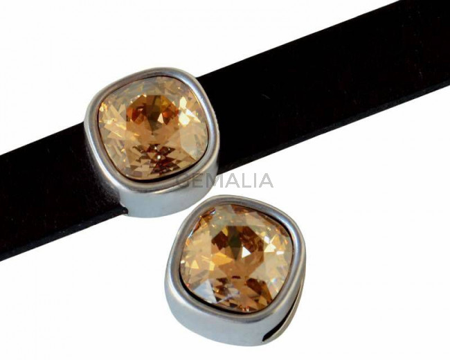 Entrepieza Zamak/SWAROVSKI. Cuadrado 13x13mm. Plateado. Golden Shadow. Int.10x2,5mm