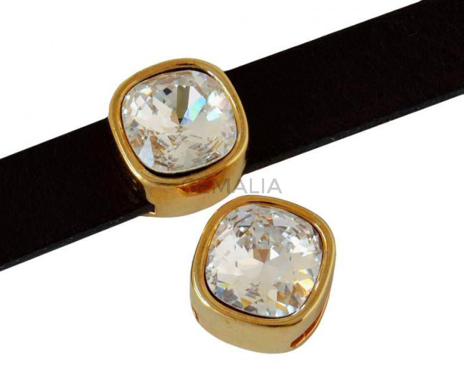 Entrepieza Zamak/SWAROVSKI. Cuadrado 13x13mm. Dorado. Crystal. Int.10x2,5mm