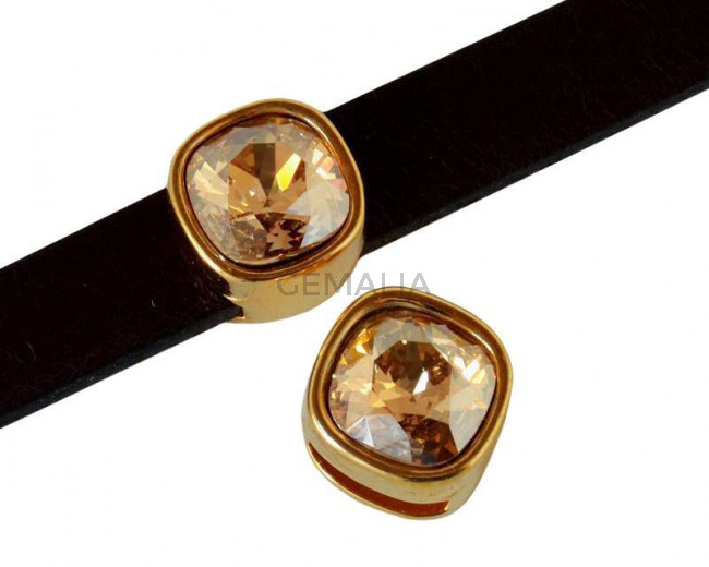 Entrepieza Zamak/SWAROVSKI. Cuadrado 13x13mm. Dorado. Golden Shadow. Int.10x2,5mm