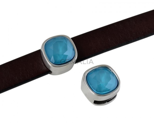 Entrepieza de SWAROVSKI y Zamak. Cuadrado 13x13mm. Plateado-Azure Blue. Int.10x2,5mm
