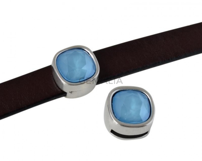 Entrepieza de SWAROVSKI y Zamak. Cuadrado 13x13mm. Plateado-Summer Blue. Int.10x2,5mm