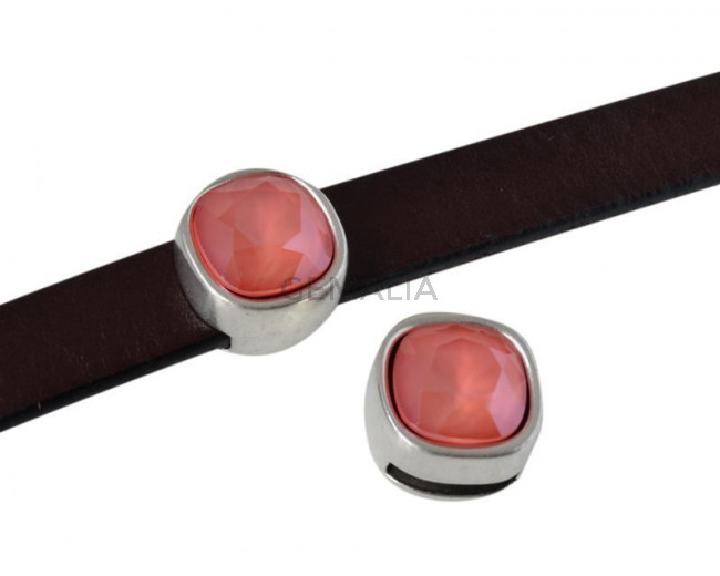 Entrepieza de SWAROVSKI y Zamak. Cuadrado 13x13mm. Plateado-Light Coral. Int.10x2,5mm