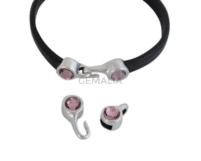 Cierre garfio de SWAROVSKI y Zamak. Set 2 piezas 6x15mm - 6x11mm. Plateado-AntiquePink. Int.5x2mm