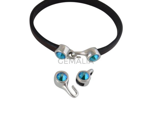 Cierre garfio de SWAROVSKI y Zamak. Set 2 piezas 6x15mm - 6x11mm. Plateado-Blue Zircon Shimmer. Int.5x2mm