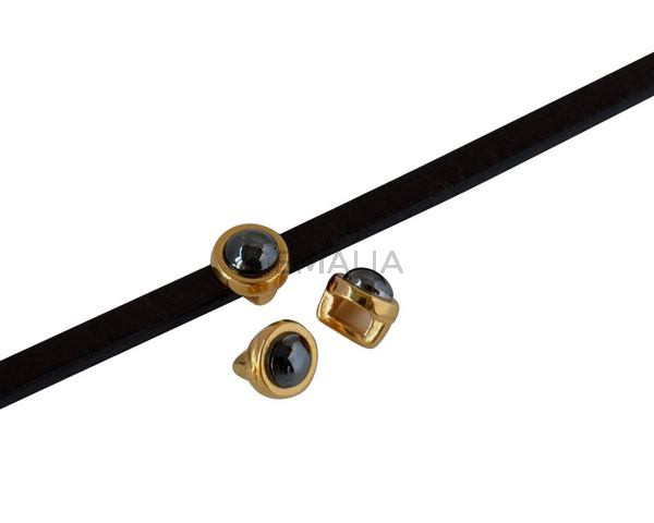 Entrepieza de SWAROVSKI y Zamak 6x4mm. Dorado-Jet Hematite. Int.3x2mm
