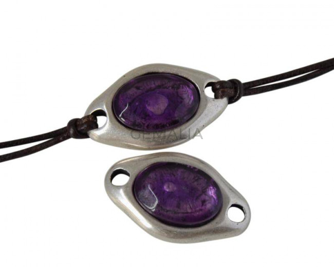 Conector de Zamak con Resina oval. 24x14mm. Plateado-Morado translucido. Int.2,8mm