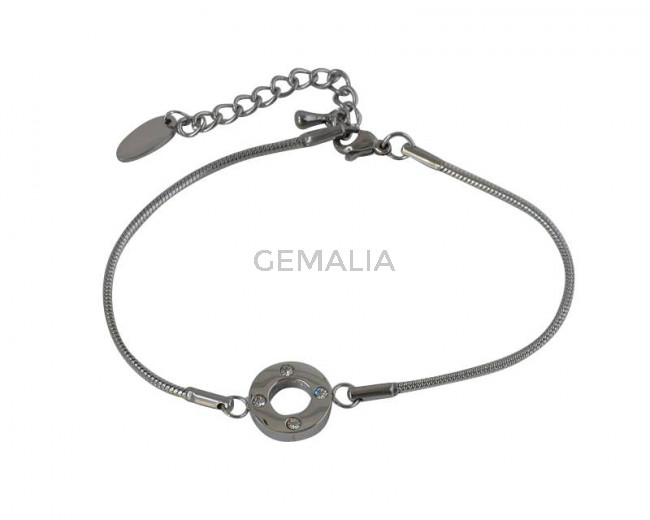 Pulsera de Acero inoxidable 304 y Circonita con cadena. Conector 12mm. Plateado. 8,2 inch