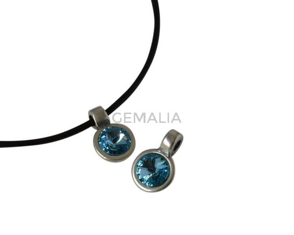 Colgante moneda Swarovski y Zamak 11,5x11,5mm.Plateado-Aquam.Int.3mm