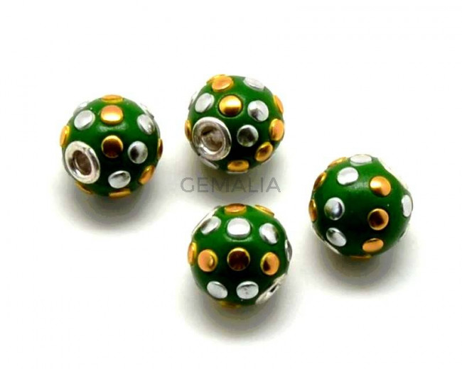 Resina/Metal. Bola. 13mm. Verde. Int.3mm aprox.