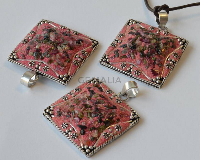 Resina/Metal/Turmalina.Colgante.Cuadrado.38x38mm.Rosa-Plateado.Int.7mm