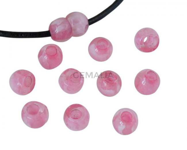 Resina. Bola 7x7x5mm. Rosa jaspeado. Int.3mm aprox. Calidad superior.