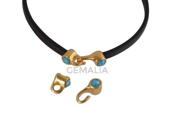 Cierre garfio de SWAROVSKI y Zamak 11x4,5mm con terminal moneda. Dorado-Azure Blue. Int.3x2mm