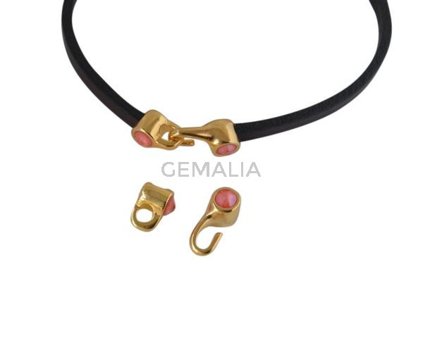 Cierre garfio de SWAROVSKI y Zamak 11x4,5mm con terminal moneda. Dorado-Light Coral. Int.3x2mm