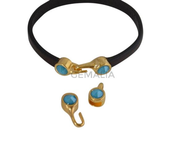Cierre garfio de SWAROVSKI y Zamak. Set 2 piezas 6x15mm - 6x11mm. Dorado-Azure Blue. Int.5x2mm