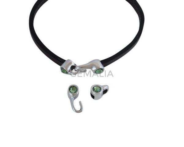 Cierre garfio de SWAROVSKI y Zamak 11x4,5mm con terminal moneda. Plateado-Erinite. Int.3x2mm