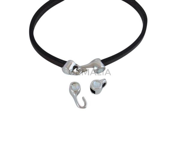 Cierre garfio de SWAROVSKI y Zamak 11x4,5mm con terminal moneda. Plateado-Light Grey Delite. Int.3x2mm