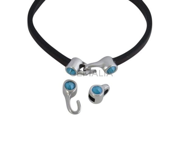 Cierre garfio de SWAROVSKI y Zamak 11x4,5mm con terminal moneda. Plateado-Azure Blue. Int.3x2mm