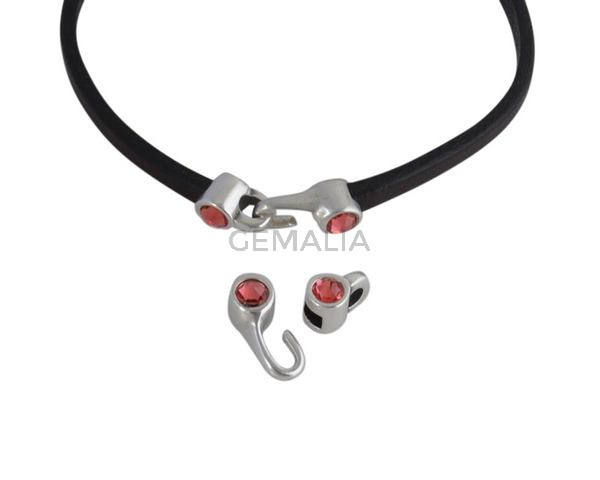 Cierre garfio de SWAROVSKI y Zamak 11x4,5mm con terminal moneda. Plateado-Padparadcha. Int.3x2mm