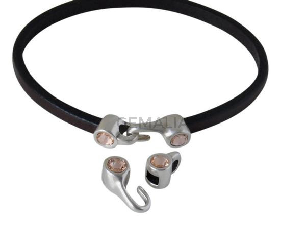 Cierre garfio de SWAROVSKI y Zamak 11x4,5mm con terminal moneda. Plateado-Light Peach. Int.3x2mm