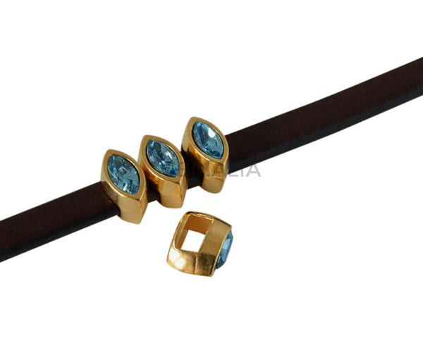 Entrepieza de SWAROVSKI navette 9x5mm. Dorado-Aquamarine. Int.5x2,5mm