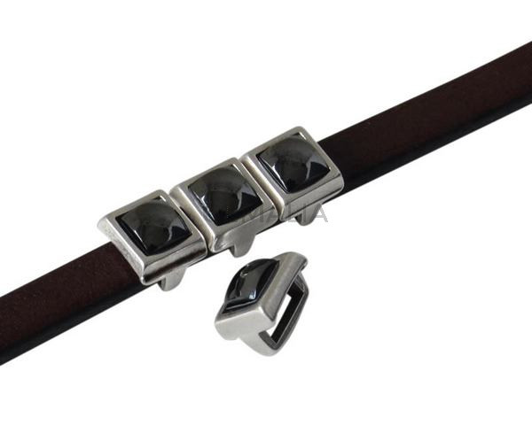 Entrepieza de SWAROVSKI cuadrado 6x6mm. Plateado-Jet Hematite Pearl. Int.5x2,5mm