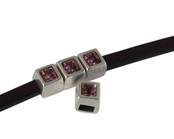 Entrepieza de SWAROVSKI cuadrado 5x5mm. Plateado-Antique Pink. Int.3x2mm