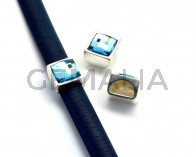 Entrepieza Zamak/SWAROVSKI Cuadrado. 13mm. Media caña. Plateado-Aquamarine. Int.10x5mm