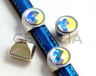 Entrepieza Moneda ZAMAK/SWAROVSKI. Media caña. 13mm. Aurora Boreal. Int.10x5mm