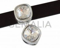 Entrepieza Zamak/SWAROVSKI. Cuadrado 13x13mm. Plateado. Crystal. Int.10x2,5mm