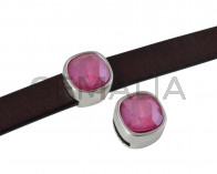 Entrepieza de SWAROVSKI y Zamak. Cuadrado 13x13mm. Plateado-Peony Pink. Int.10x2,5mm