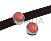 Entrepieza de SWAROVSKI y Zamak. Cuadrado 13x13mm. Plateado-Light Coral. Int.10x2,5mm