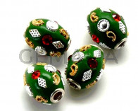 Resina/Rhinestone.Barril. 16x13mm.Verde-strass rojo.Int.3-3,5mm aprox.