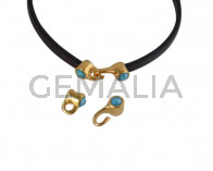 Cierre garfio de SWAROVSKI y Zamak 11x4,5mm con terminal moneda. Dorado-Azure Blue. Int.3x2mm