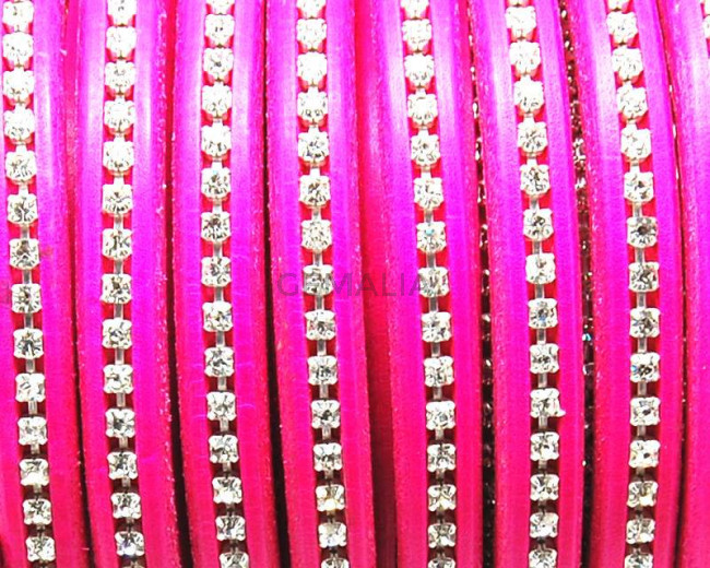 REGALIZ Leather cord with strass. Oval 10x6mm. Fluor.pink-crystal. B.Q.