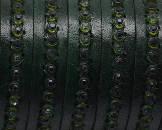 Flat Leather cord. 10x2mm. Bottle green-green strass. Best Quality