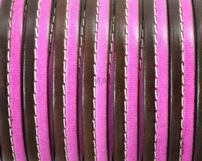 Flat Stitched leather cord. 10x2cm. Dark brown-fuchsia . Best Quality.