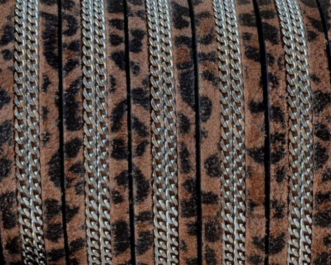 Suede Leather cord with chain. Flat. 10x2mm. Leopard-silver. Best Quality.