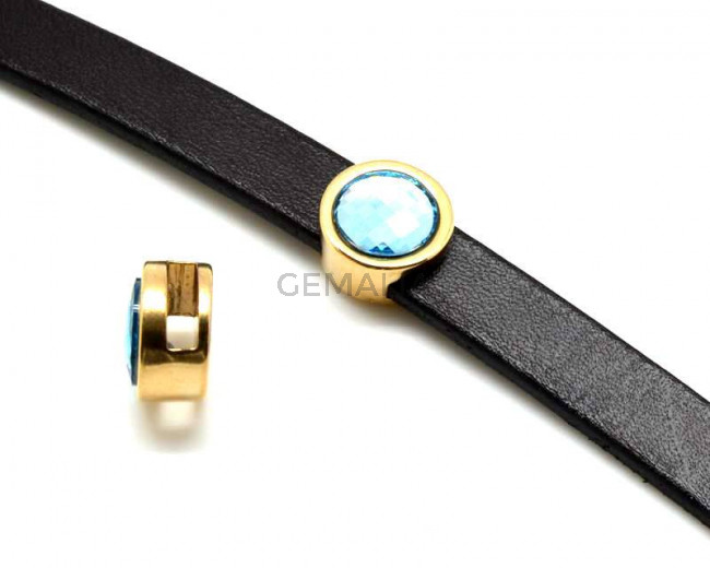 Zamak/Swarovski. Coin. 13mm. Gold-Aguamarine. Inn.10x3mm.